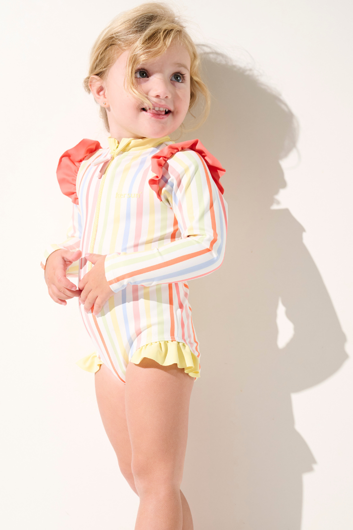 Maillot de bain anti-UV manches longues - Flores, rayé, UPF 50+, pour fille, idéal pour les journées à la plage.