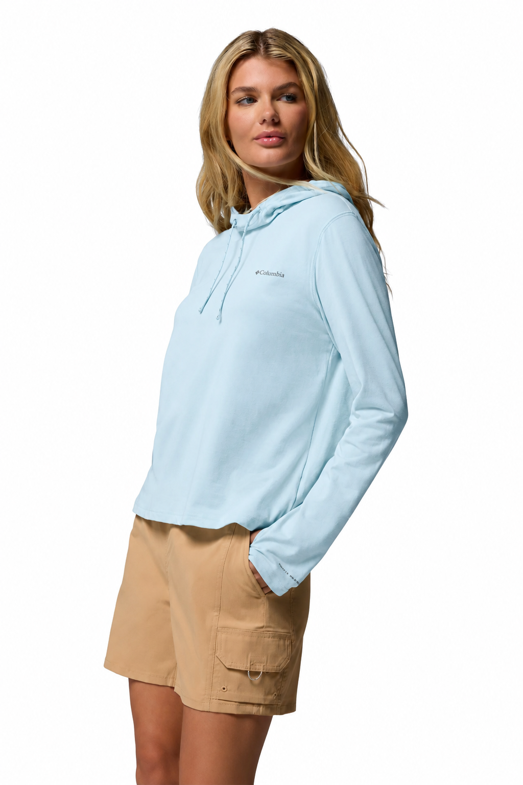 Sweat-shirt anti-UV bleu avec capuche pour femme, UPF 50+, idéal pour protéger du soleil.