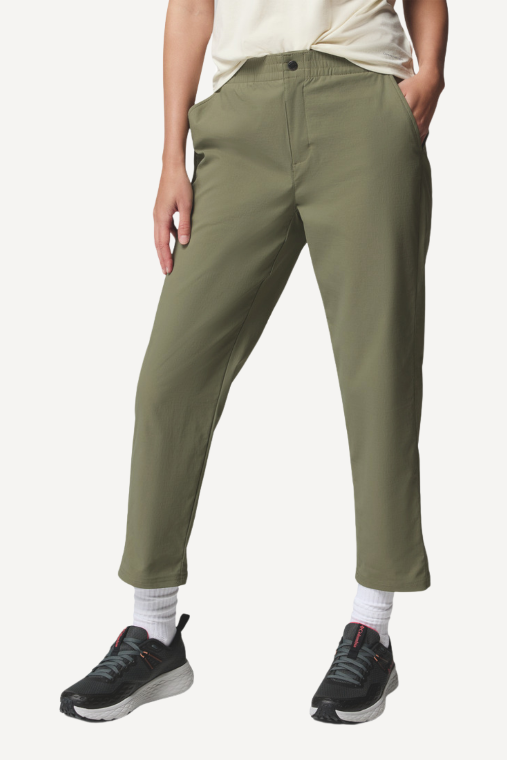 Pantalon anti-UV vert olive pour femme, léger, UPF50+, idéal pour les activités en plein air.