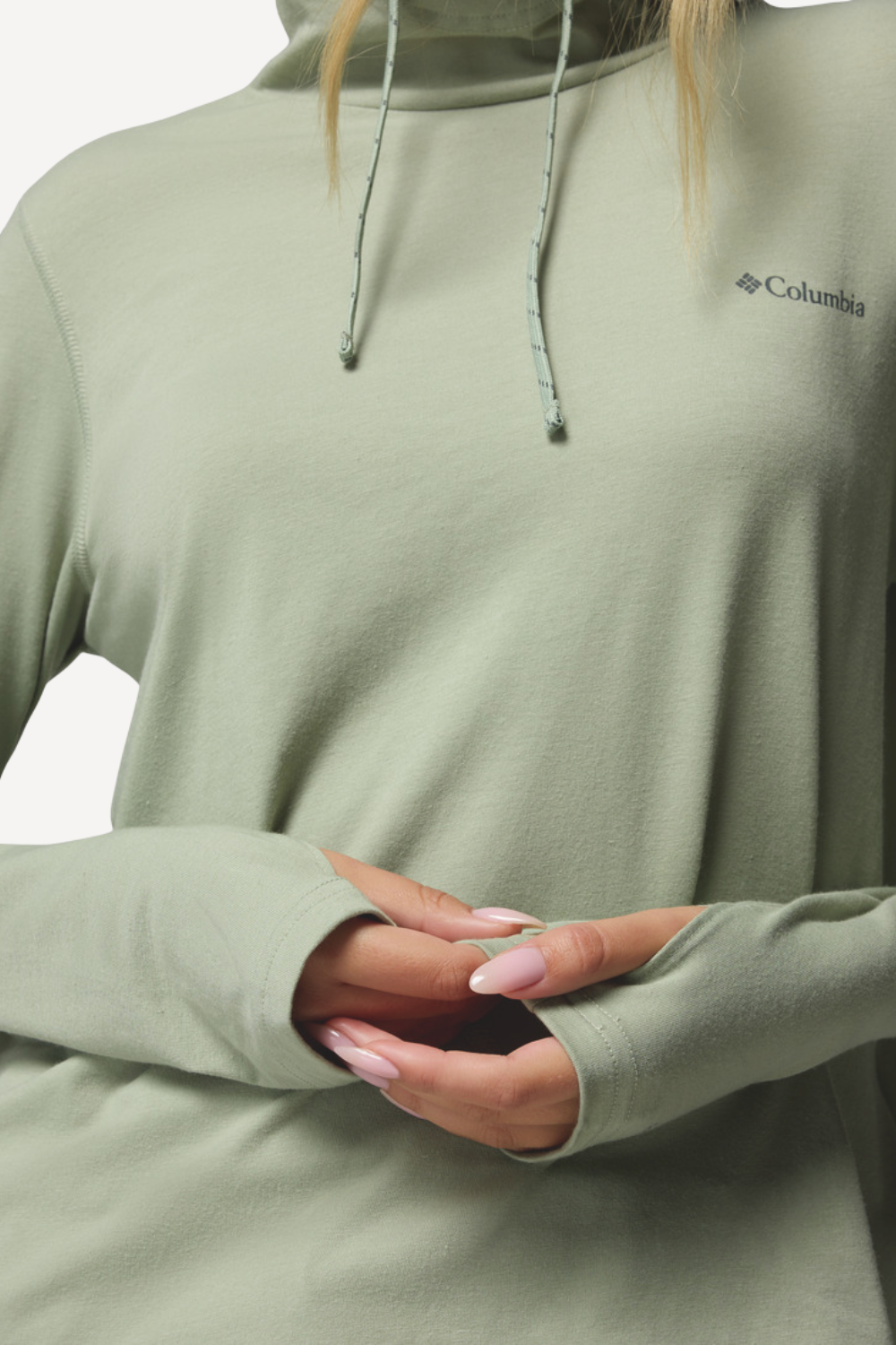 Sweat-shirt anti-UV vert clair pour femme, UPF50+ avec capuche, idéal pour se protéger du soleil.