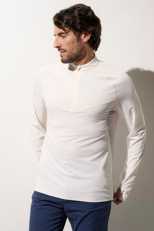 T-shirt zippé anti-UV homme blanc perlé, léger et respirant, idéal pour les activités en plein air, protection UPF 50+.