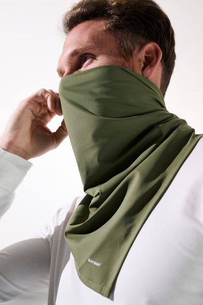 Bandana anti-UV olive UPF 50+ pour homme, idéal pour les activités de plein air et la protection solaire.