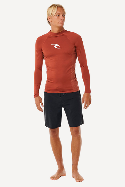 T-shirt de bain anti-UV - Waves pour homme, en lycra marron, avec manches longues UPF 50+ pour protection solaire.