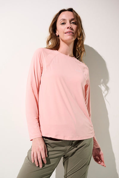 T-shirt anti-UV - Oasis rose pour femme, manches longues UPF 50+, parfait pour les activités en plein air.