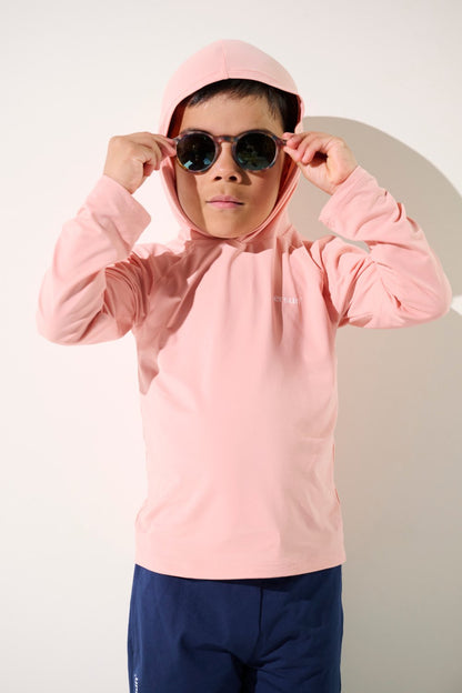 T-shirt anti-UV à capuche - Oasis en rose pour garçon, léger et UPF 50+ pour une protection solaire amusante.