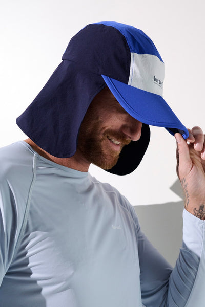 Casquette anti-UV - Sequoia bleue et noire pour homme, UPF 50+, idéale pour activités sportives ensoleillées.