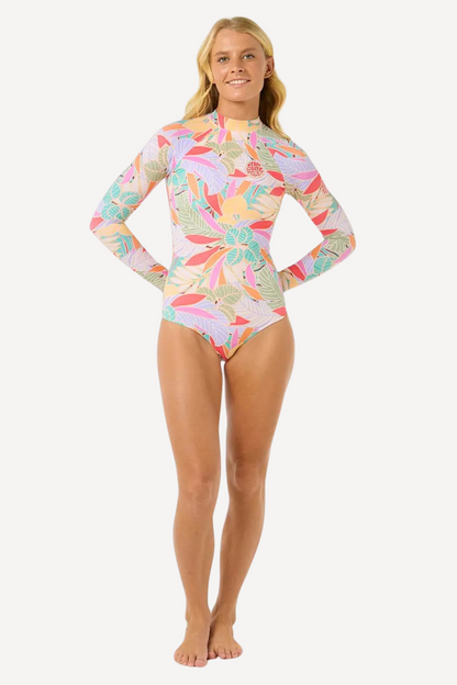 Maillot de bain anti-UV à manches longues pour femme, motifs colorés, UPF 50+, idéal pour la plage et les sports aquatiques.