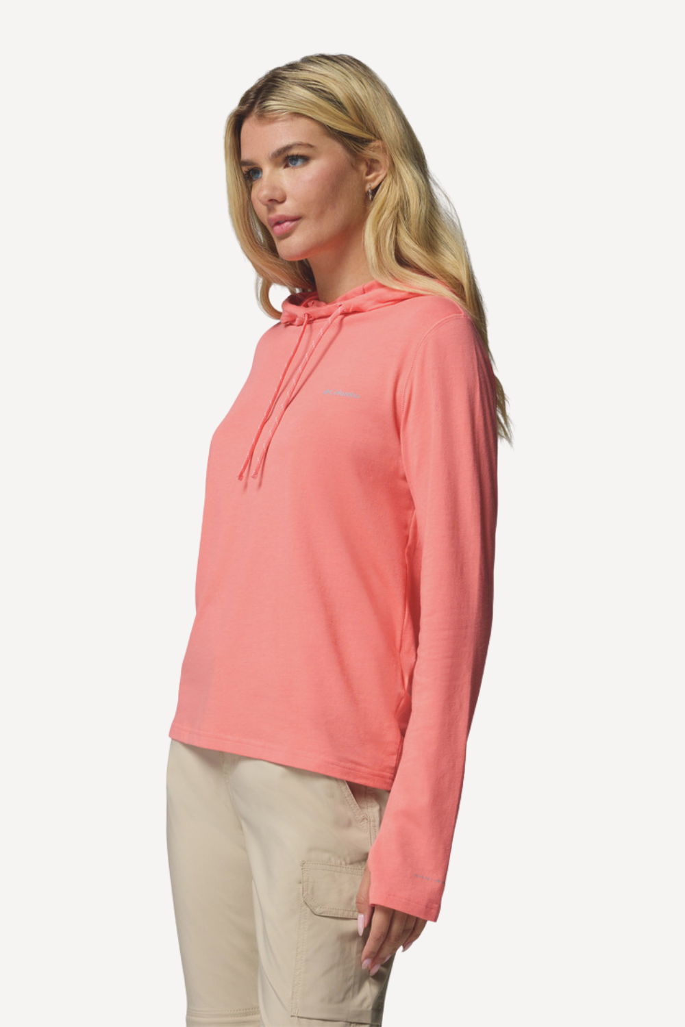 Sweat-shirt anti-UV corail pour femme, avec capuche ajustable et protection solaire UPF 50+, idéal pour le plein air.