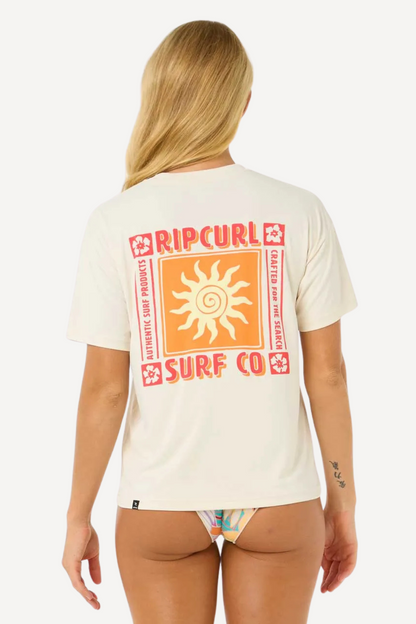 T-shirt anti-UV femme Rip Curl, blanc et orange, style décontracté, idéal pour la plage, UPF 50+.