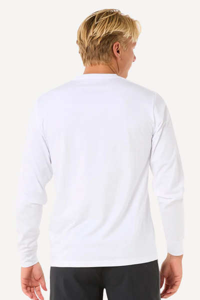 T-shirt de bain anti-UV blanc à manches longues pour homme, UPF 50+, idéal pour activités nautiques et plage.