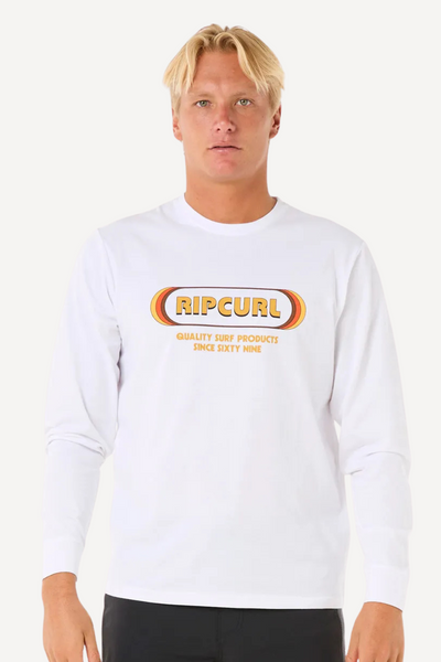 T-shirt de bain anti-UV blanc à manches longues pour homme, protégé UPF 50+, idéal pour la plage. Marque Rip Curl.