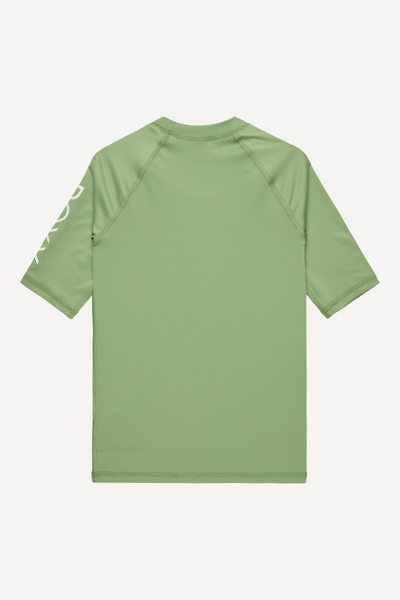 T-shirt de bain anti-UV vert léger, manches courtes, UPF 50+, idéal pour enfants durant les activités aquatiques.
