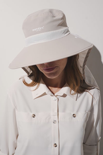 Chapeau anti-UV Mojave beige avec large bord, idéal pour femme, offrant protection solaire UPF 50+.